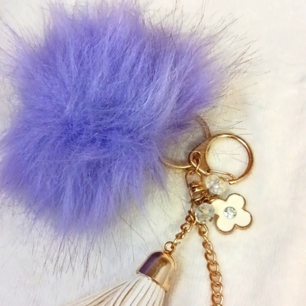 Flower Key Chain Tassel Purse‎ Charm ENAMEL FLEUR Violet POM for CAR MIRROR